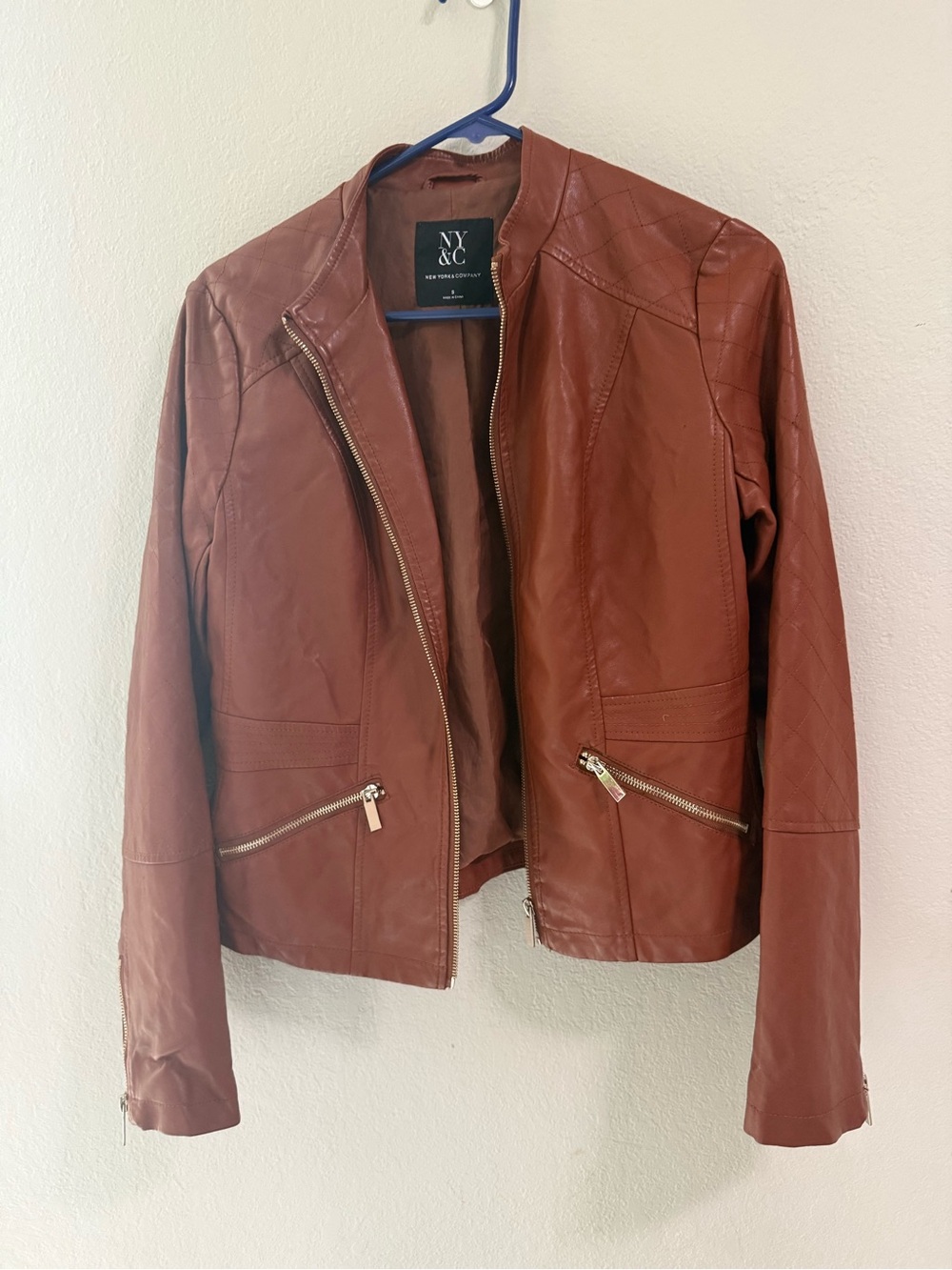 NY&C Brown Faux Leather Moto Jacket Zip Front Size S